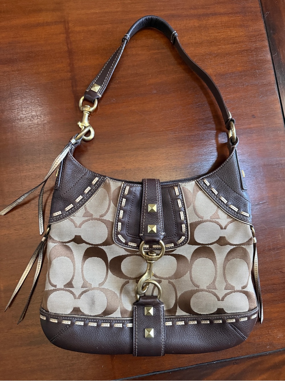 Y2K Studded Signature Jacquard Leather Hobo Bag